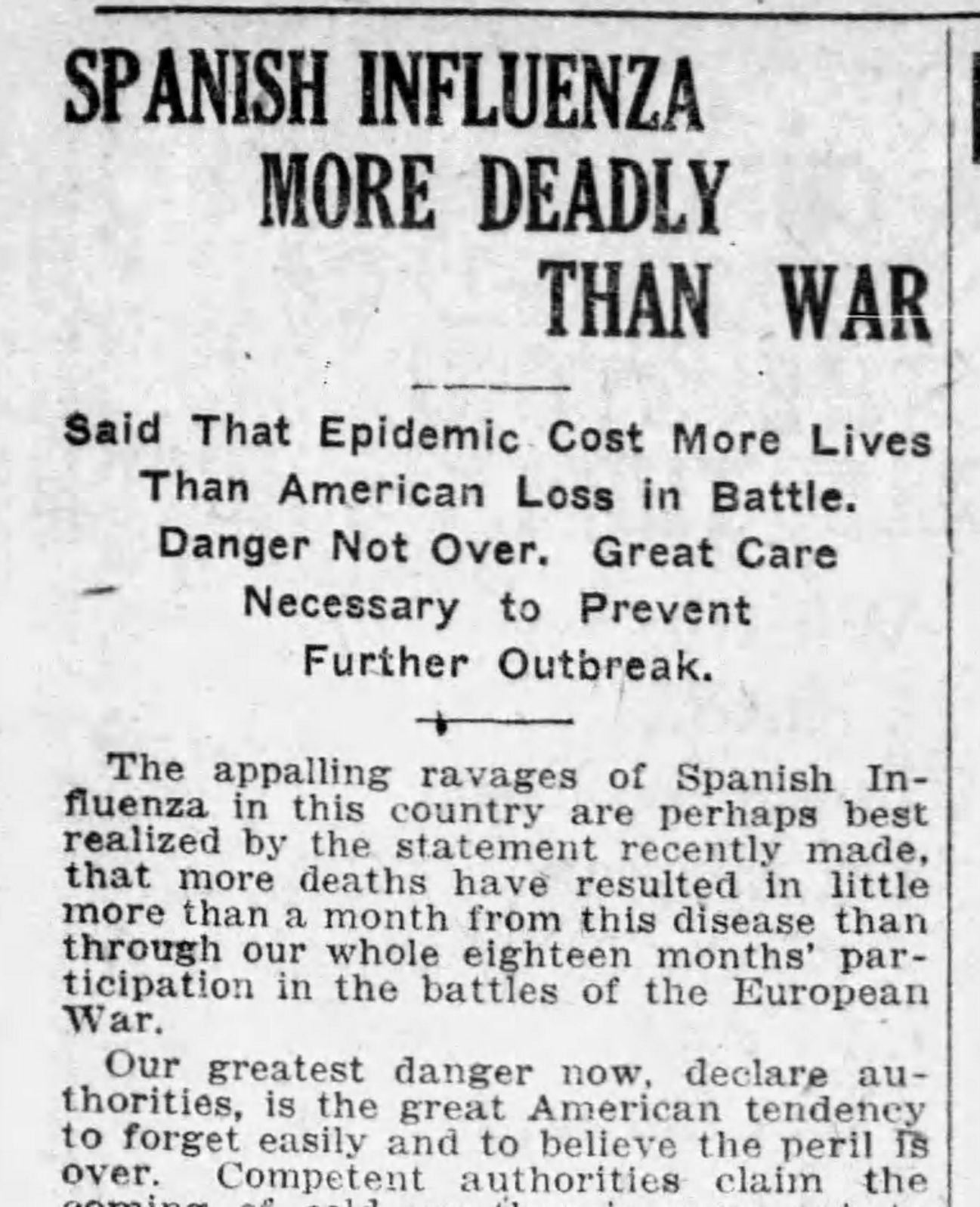 Spanish influenza more deadly than war